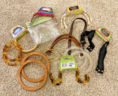 Lot Of 12 Assorted Shapes Vintage Craft Purse Handles wood Metal Beaded Shells