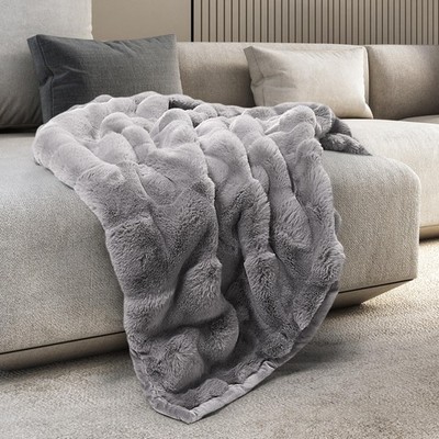 Hearthside Faux Fur Throw Blanket Reversible Soft Bed Couch Fog Stone 60x70