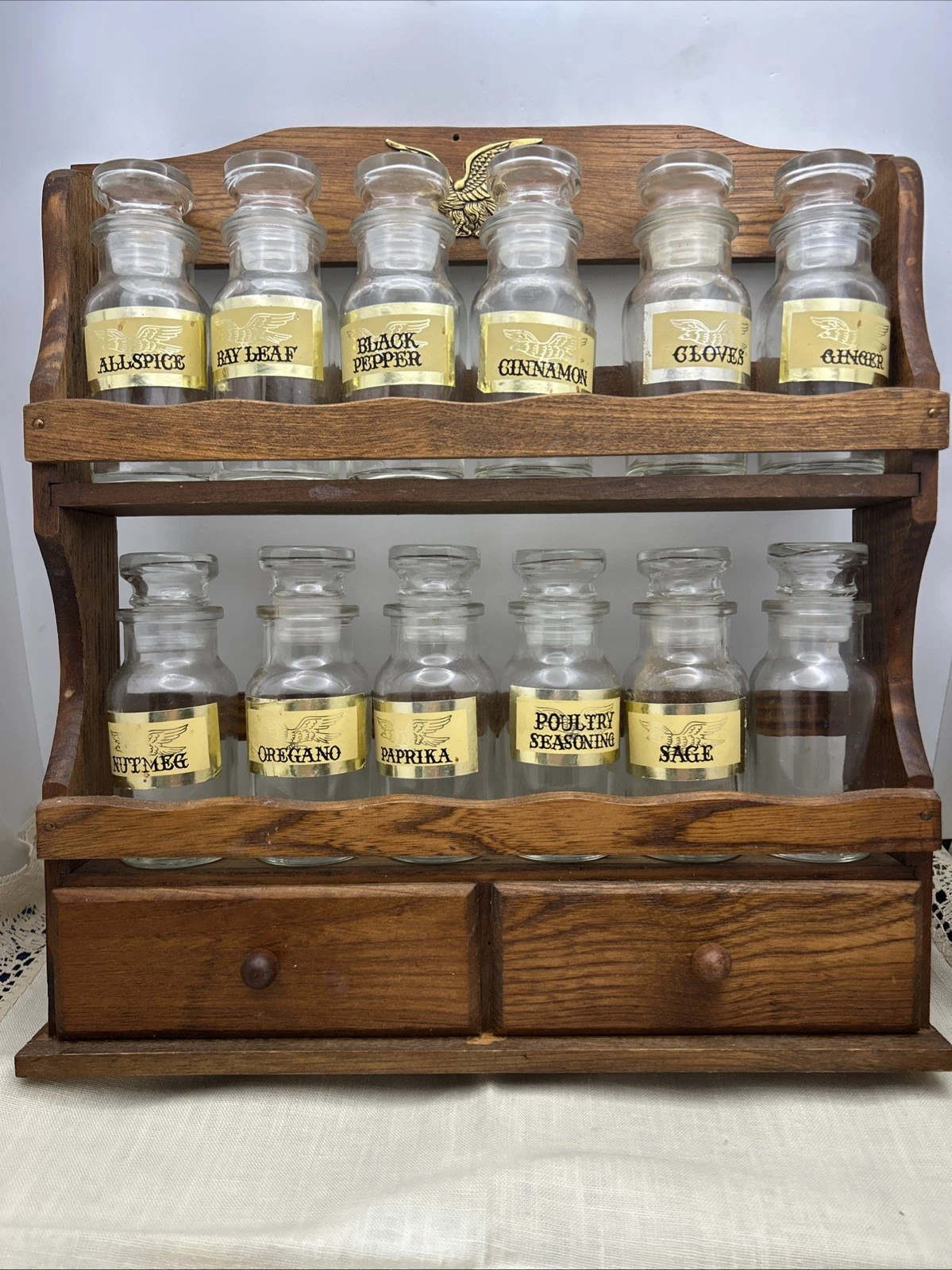 Vintage Spice Rack Apothecary Wall Cabinet 12 Glass Jars 2 Drawers Eagle 12x22"