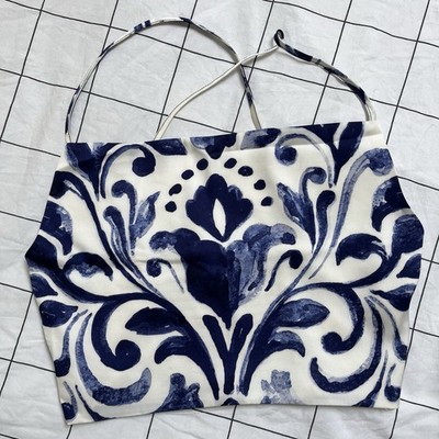 Rachel Zoe Blue+White Ornate Floral Cropped Criss-Crossed Strap Blouse | Sz: XS
