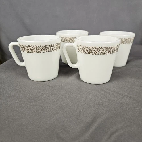 4 Vintage Pyrex Corelle Milk Glass WOODLAND BROWN Coffee Mugs Cups D Handle