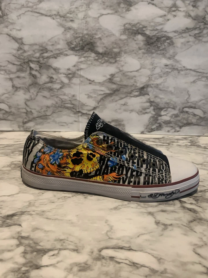 Y2K Ed Hardy Zapatillas bajas de lona con calavera para hombre 12 zapatos sin cordones con estampado de tatuajes Foto 2 de 4