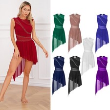 Womens Rhinestone Sheer Mesh Lyrical Contemporary Figure Skating Dance Dress