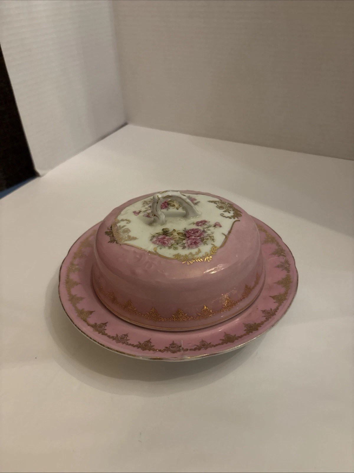 Vintage Pink Floral Covered Butter Dish Round Germany 3 Crown China