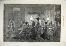 Original Old Antique Print Fine Art 1874 Japanese Dinner Party Men Women Music