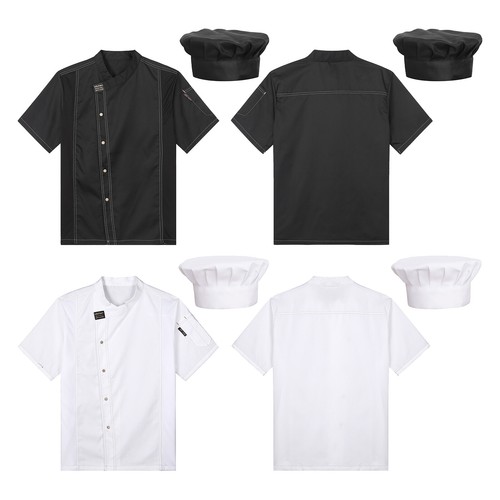 Women Men Shirt Basic Blouse Work Jacket With Hat Fitted Top Bakery Chef Coat - Photo 1/36