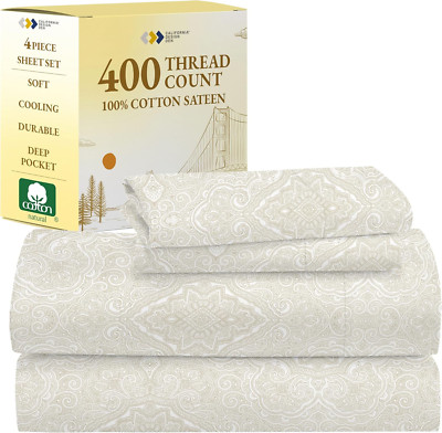 Beige Paisley Queen Sheet Set - 400 TC 100% Cotton Sateen, Deep Pocket
