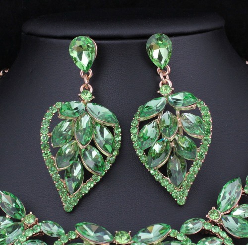 Water Lily Green Austrian Rhinestone Necklace Earrings Set Prom Bridal N916g - Picture 3 of 4