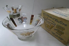 Vtg. ANCHOR HOCKING 3-Pc.Festive Chip & Dip Set 22 K Gold + White  w/ Orig. Box