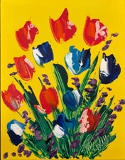 FLOWERS ON YELLOW   Oil Painting   abstract SIGNED  Original on canvas HIGUI