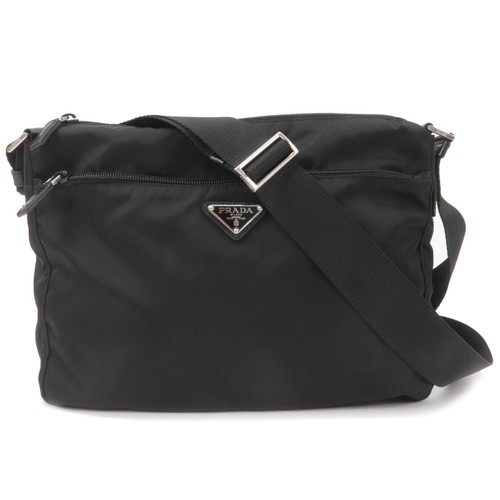 PRADA Logo Shoulder Bag NERO Black Nylon Leather BT0421 Auth Used