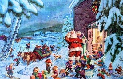 Santa and Mrs and Elves Outdoor Fun Northpole by George Hinke | eBay