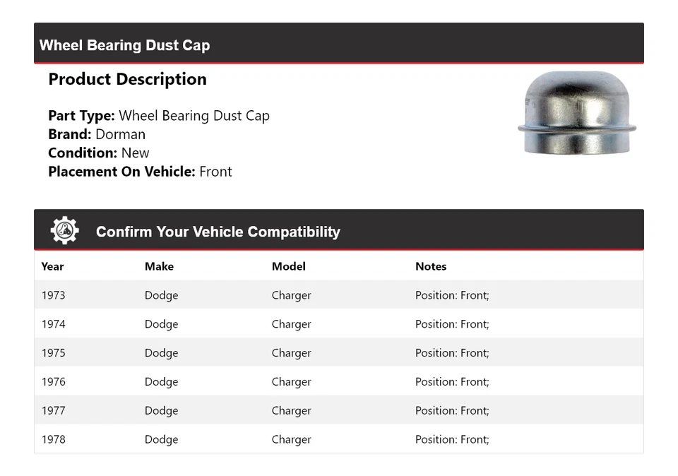 Tapa antipolvo para cojinete de rueda delantero 1974 1975 1976 Dodge Charger Dorman 1973-1978 Foto 2 de 4