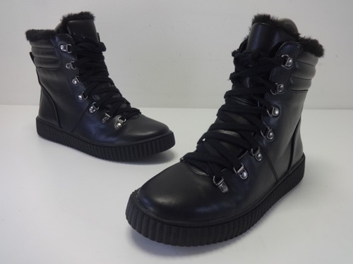Womens Boots Size 5 Wide Fit M&S Black Vegan Leather Lace Up Fur Trim High Tops