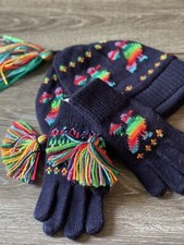 girls vintage hat and gloves navy colorful bird made in phillipines