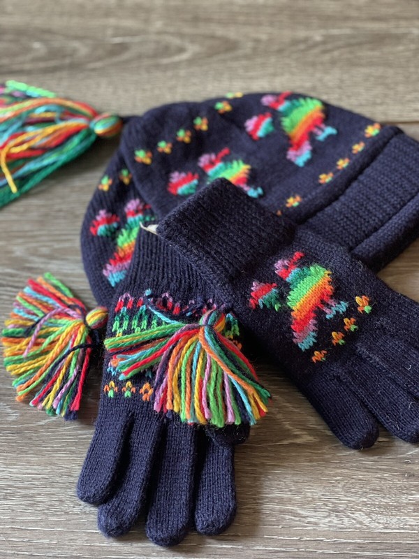 girls vintage hat and gloves navy colorful bird made in phillipines