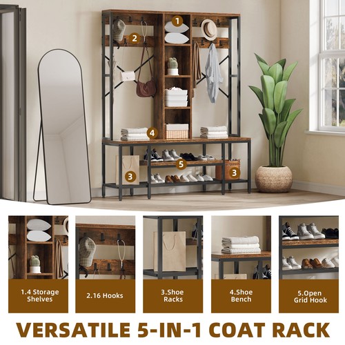 Farmhouse Entryway Bench 5-in-1 Hall Tree Coat Rack 59" w/ Bench & Shoe Storage - Picture 4 of 8