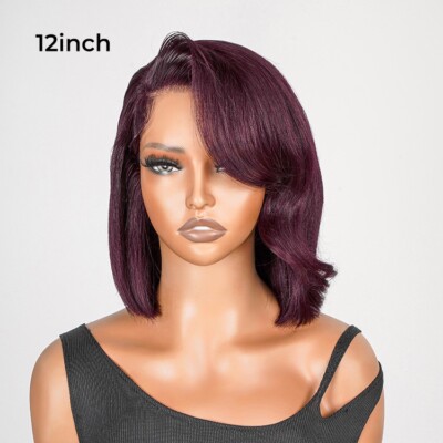 Echthaar Perücken seitlicher Knall Lagenlook Schnitt wellig Bob Wig Kleberlos Damen UK dunkel 99j