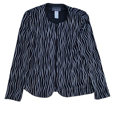 Women's M Alex Evenings Silver Metallic Wave Striped Black Long Sleeve Cardigan