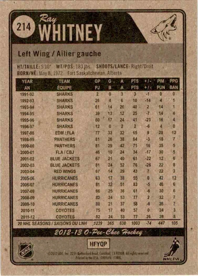 2012-13 O-Pee-Chee Ray Whitney #214 - Image 2 of 2