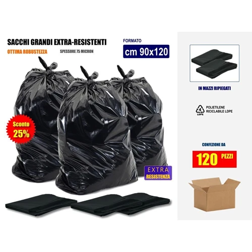 IMBALLAGGI 2000 Sacchi Neri Spazzatura Grandi e Resistenti cm 90x120 (120 litri) Scatola da 120
