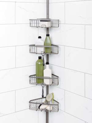 New Home Satin Nickel Metal Tension Pole Shower Caddy with 4 Basket Shelves