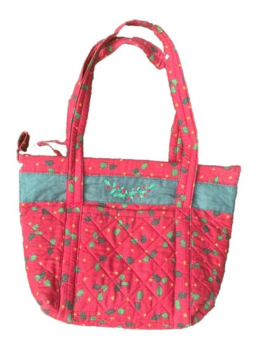 Quilted Tote Bag Medium Red Christmas Holly Double Handle - Picture 3 of 8