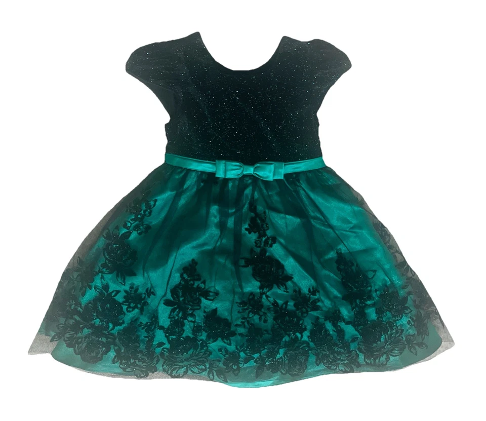 Vestido de fiesta elegante para niña Jona Michelle negro encaje terciopelo y verde satinado talla 3T Foto 3 de 4