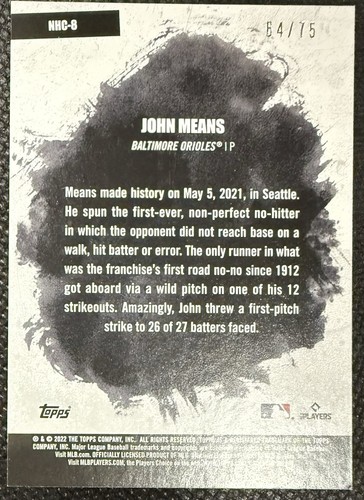 2022 Topps John Means #NHC-8 GOLD No-Hit Club #/75 Baltimore Orioles - Bild 2 von 2