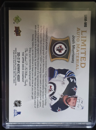 2021-22 UD SP AUTHENTIC LIMITED AUTO MATERIAL PATCH JOSH MORRISSEY #/100 - Picture 2 of 2