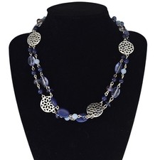 Blue Beaded Necklace  Earrings Set Gold Tone Filigree Adjustable 33"