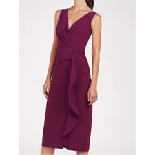 Kay Unger Brynn Midi Dress Crepe Ruffle Waist V Neck Boysenberry Size 6 NWOT