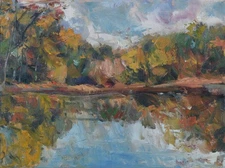 Art Original Oil Painting RM Mortensen "Lakeside" Trees Pond Sky 9" x 12"