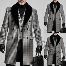 Black Houndstooth Men's Overcoat Double Breasted Outdoor Casual Long Jacket Vest
