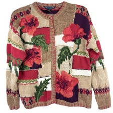 Vintage Grannycore Thick Knit Crochet Floral Button Front Cardigan Shaver Lake L