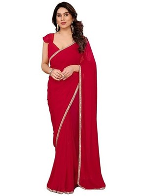 Women's Georgette Mirror Lace Saree With Unstitched Blouse Piece