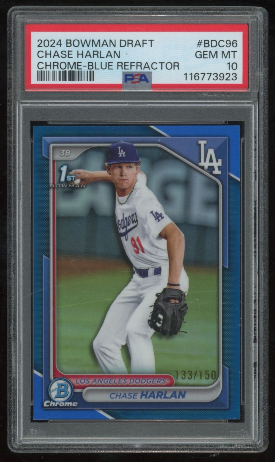 CHASE HARLAN 2024 BOWMAN DRAFT CHROME BLUE REFRACTOR #BDC-96 133/150 PSA 10