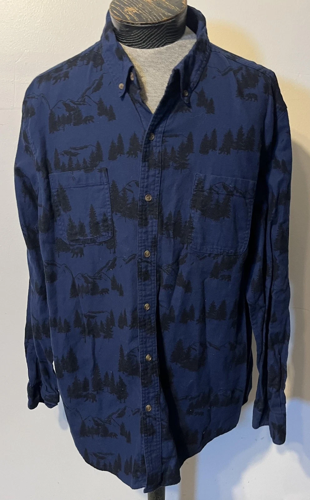 Chaps Shirt Mens 2XL Blue Wilderness Bear Nature Print Button Down Long Sleeve