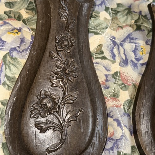 1966 Dart Industries Engraved Faux Wood Look Taper Candle Sconces Wall Holders - Picture 8 of 10