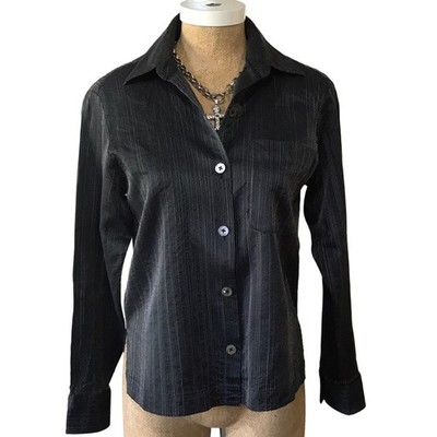 LINDA ALLARD ELLEN TRACY Black Blouse Metallic Pinstripe Button Down Sz 4 Y2K