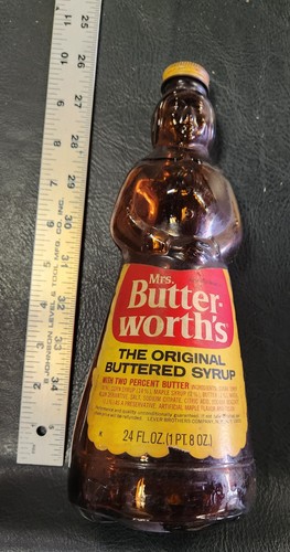 Vintage Mrs. Butterworth's 24 Fl OZ Syrup Glass Bottle Metal Lid  Empty