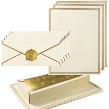 50 Pack Stationery Set with Envelopes, Cream Color, 8.5x11 Inches  Gold Bord...