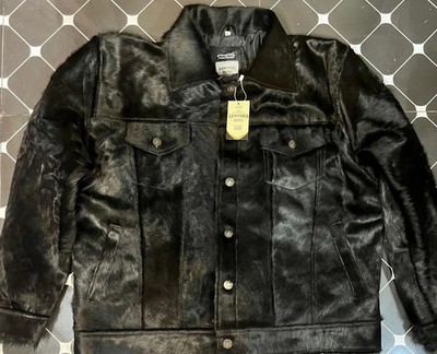 Men s Geniune Cowhide Hair-On Leather Jacket   Jet Black Pony Skin Biker Coat