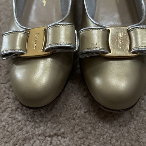 Vintage Salvatore Ferragamo Gold ""Lillaz"" Lederschuh mit Karton Größe 8 AA - Bild 8 von 9