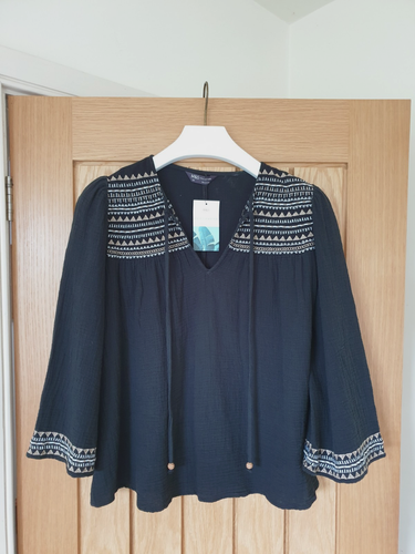 M&s black Indian Cotton Cheesecloth top arty hippy tunic smock shirt blouse s m - Picture 4 of 19