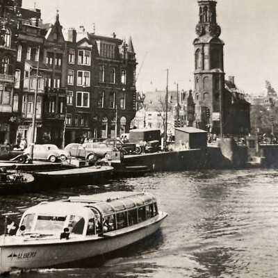 AMSTEL AMSTERDAM CARS BUILDINGS PEOPLE BOATS TOWER B/W VINTAGE RPPC POSTCARD