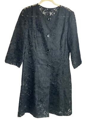 Vintage Leslie Fay Sz 14 Black Lace Coat 3/4 Sleeve Sheer Button-Down