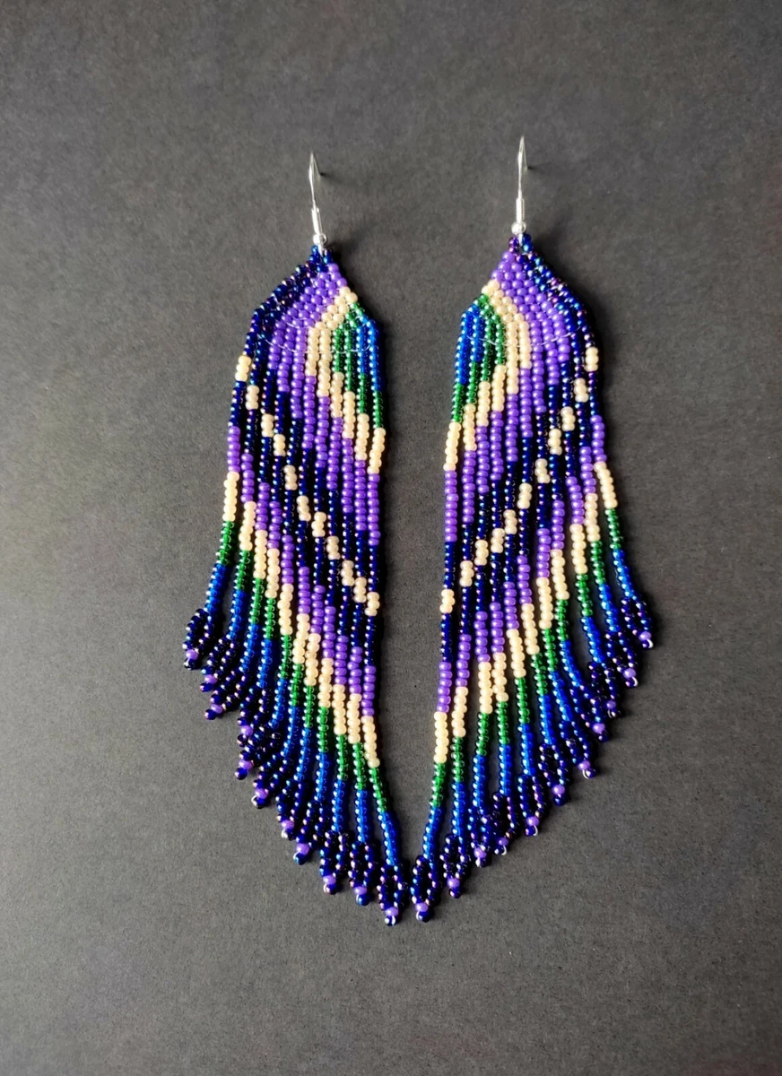 Purple Beaded Earrings Peacock Beaded Earrings Long Seed Bead earrings Purple
