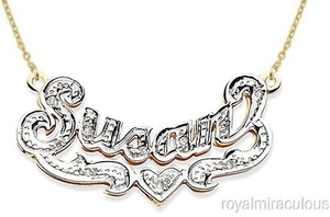 Authentic Personalized Curved 0.10 CTW Diamond Nameplate Necklace Yellow Gold Plated.