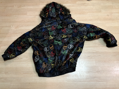 RARE Vintage Legacy Skull Leather Jacket Embroidered Colors Fur Lined Hood 5XL - Picture 2 of 4